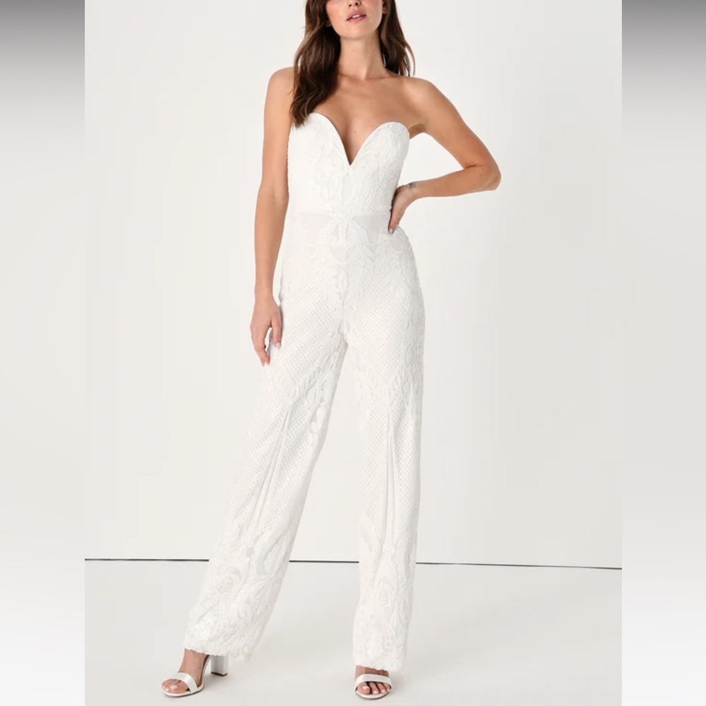 Sensational Entrance White Sequin Strapless Jumpsuit Women’s XL